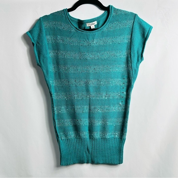 NWT Guess Women’s Sz XSmall Bombay Sapphire Anali Sequin Short Sleeve Sweater - Picture 1 of 8